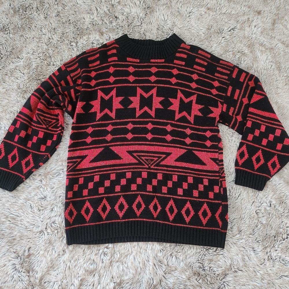 Ellen D Kollection Vintage Geometric Pattern Knit Sweater Red & Black Size Small